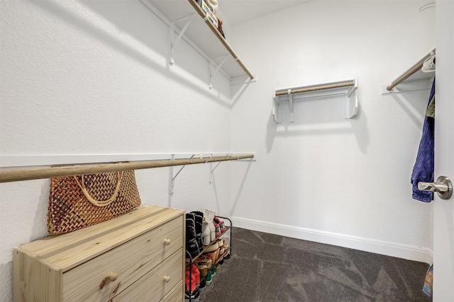 spacious closet featuring dark colored carpet
