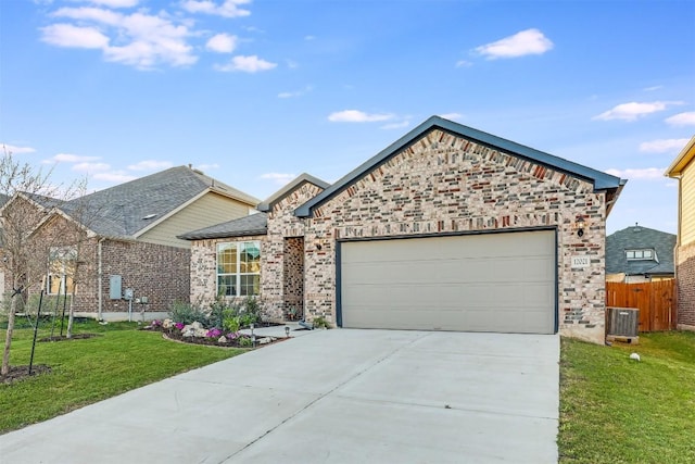 view of front of house with concrete driveway, cooling unit, a front lawn, an attached garage, and fence