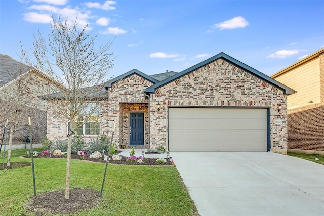 french country home with a front yard, stone siding, a garage, and concrete driveway