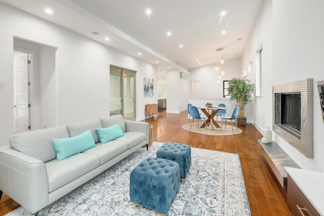 603 Westwood Ter, Austin, TX 78746 - living room with recessed lighting, wood finished floors, a fireplace, and baseboards
