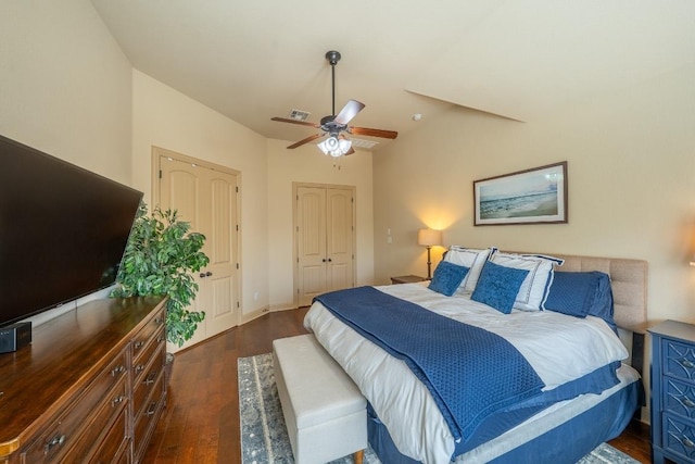 2705 Sixpence Ln, Pflugerville, TX 78660 - bedroom featuring wood finished floors, ceiling fan, vaulted ceiling, and baseboards