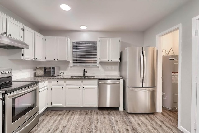 kitchen with water heater, light wood-style flooring, stainless steel appliances, under cabinet range hood, and a sink