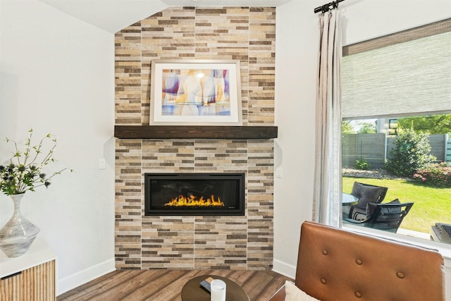 128 Mountain Lion Rd, Georgetown, TX 78628 - living area featuring wood finished floors, baseboards, and vaulted ceiling