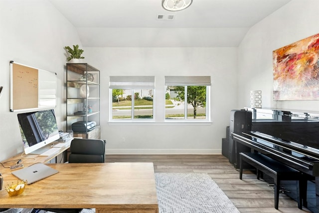 128 Mountain Lion Rd, Georgetown, TX 78628 - office area with lofted ceiling, light wood-type flooring, and plenty of natural light