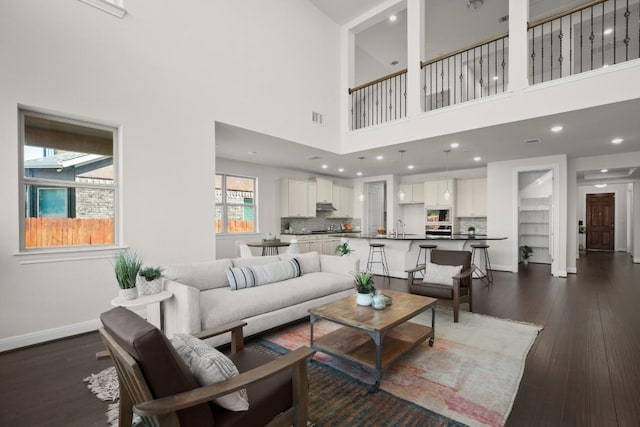 728 Pioneer Grv, Round Rock, TX 78665 - living area featuring dark wood-style floors, baseboards, a high ceiling, and recessed lighting