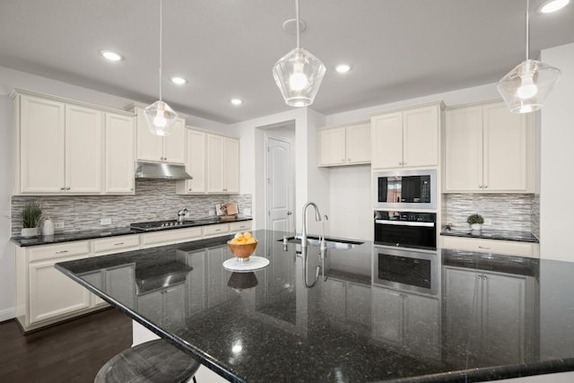 728 Pioneer Grv, Round Rock, TX 78665 - kitchen with built in microwave, a sink, under cabinet range hood, a large island with sink, and backsplash