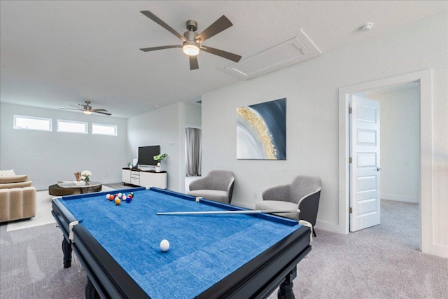 298 Canal Dr, Dripping Springs, TX 78620 - recreation room with ceiling fan, carpet, attic access, baseboards, and billiards