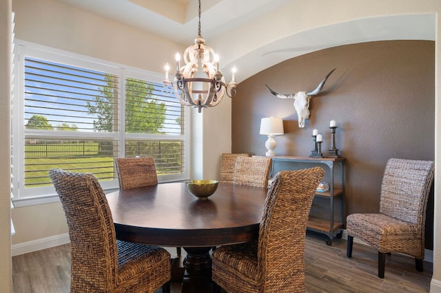 109 Grand Oaks Ln, Georgetown, TX 78628 - dining room with a chandelier, wood finished floors, and plenty of natural light