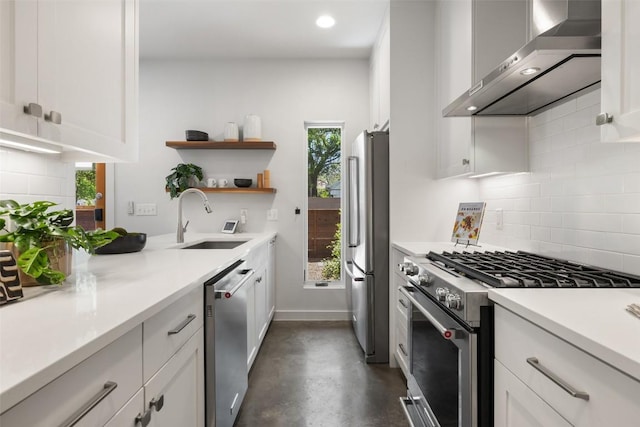 1605 Willow St Unit B, Austin, TX 78702 - kitchen featuring a sink, backsplash, finished concrete flooring, wall chimney range hood, and appliances with stainless steel finishes