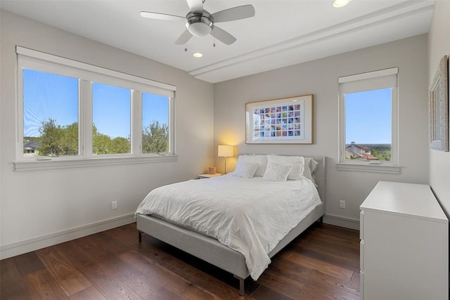 bedroom featuring baseboards, recessed lighting, ceiling fan, and dark wood finished floors