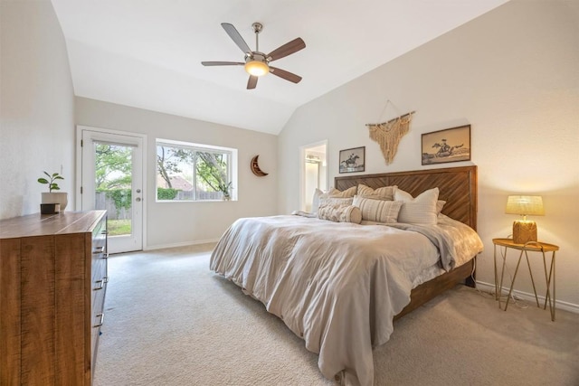 7306 Holly Fern Cv, Austin, TX 78750 - bedroom featuring access to outside, light carpet, lofted ceiling, and ceiling fan