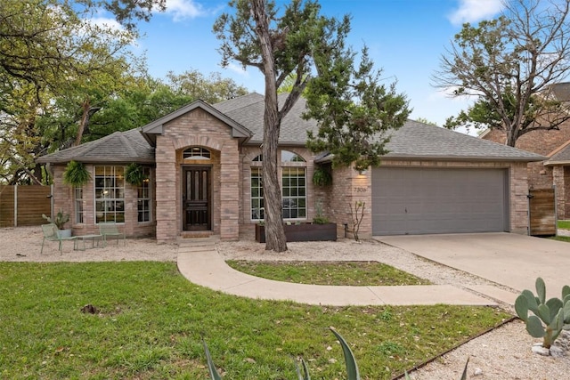 7306 Holly Fern Cv, Austin, TX 78750 - french country home with an attached garage, driveway, roof with shingles, and brick siding