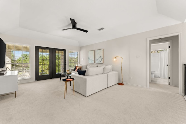 6 Dovedale Cv, The Hills, TX 78738 - carpeted living area featuring ceiling fan, french doors, and lofted ceiling