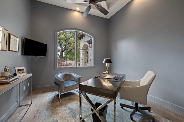 212 Bella Cima Dr, Austin, TX 78734 - office space featuring light wood-type flooring, a ceiling fan, and recessed lighting