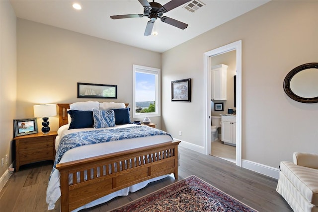 212 Bella Cima Dr, Austin, TX 78734 - bedroom with wood finished floors, recessed lighting, ensuite bath, and ceiling fan