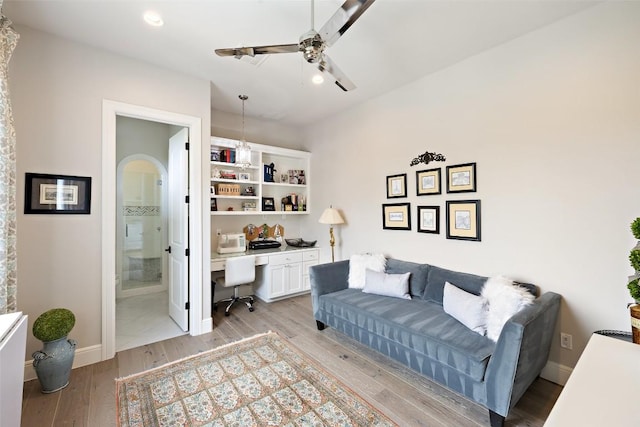 212 Bella Cima Dr, Austin, TX 78734 - office area featuring a ceiling fan, light wood finished floors, and recessed lighting