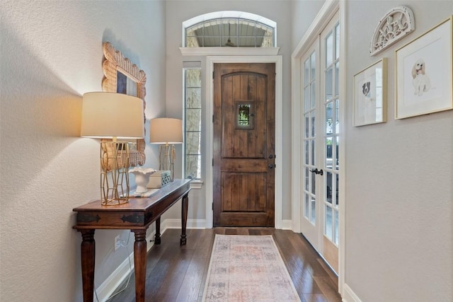 577 Shelf Rock Rd, Driftwood, TX 78619 - entrance foyer with wood-type flooring, healthy amount of natural light, a textured wall, and french doors