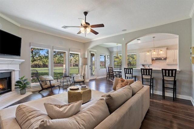 577 Shelf Rock Rd, Driftwood, TX 78619 - living room with arched walkways, healthy amount of natural light, a ceiling fan, dark wood-style flooring, and ornamental molding