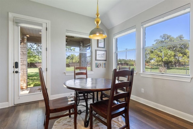 577 Shelf Rock Rd, Driftwood, TX 78619 - dining room featuring dark wood-type flooring and lofted ceiling