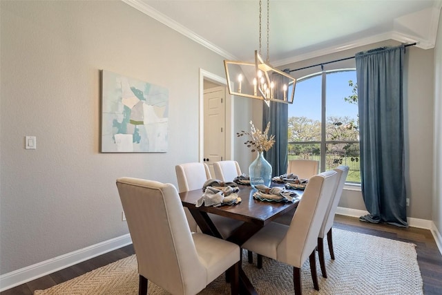 577 Shelf Rock Rd, Driftwood, TX 78619 - dining space with a chandelier, crown molding, and dark wood finished floors