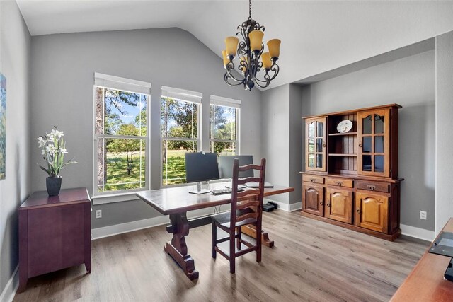 119 Maple Leaf Trl, Elgin, TX 78621 - office area featuring a chandelier, light wood finished floors, and high vaulted ceiling