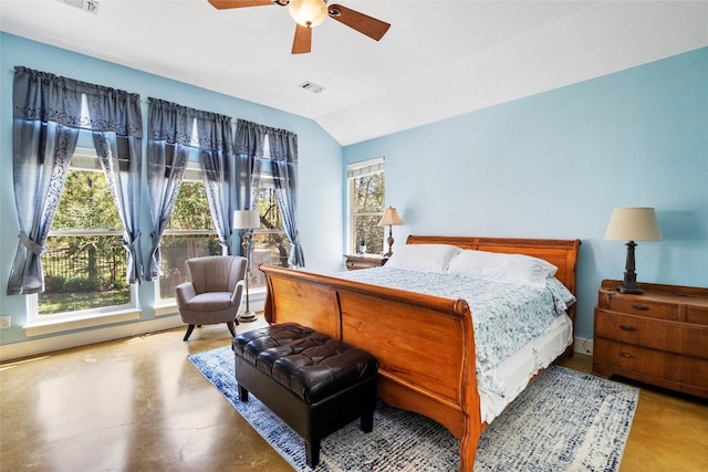 119 Maple Leaf Trl, Elgin, TX 78621 - bedroom with vaulted ceiling, finished concrete flooring, and a ceiling fan