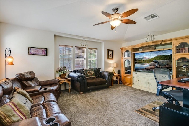carpeted living room featuring lofted ceiling, ceiling fan, and visible vents
