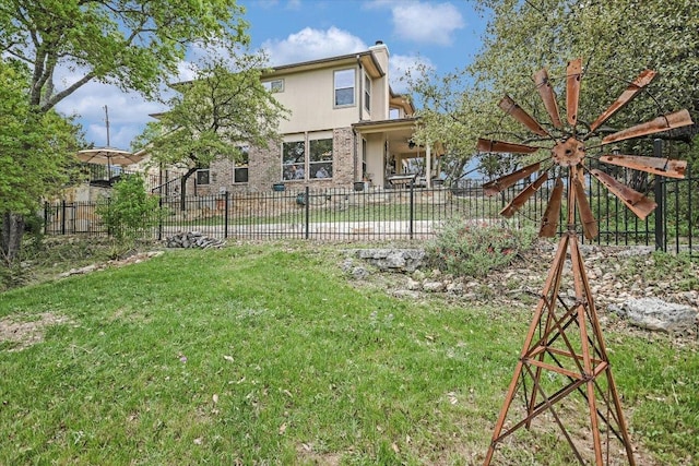 7404 Little Oak Cir, Lago Vista, TX 78645 - rear view of house featuring a ceiling fan and a chimney