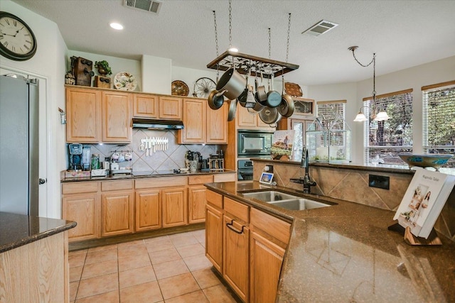 7404 Little Oak Cir, Lago Vista, TX 78645 - kitchen featuring under cabinet range hood, backsplash, a textured ceiling, black appliances, and decorative light fixtures
