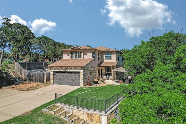 7404 Little Oak Cir, Lago Vista, TX 78645 - view of front of property featuring board and batten siding, stone siding, concrete driveway, and an attached garage