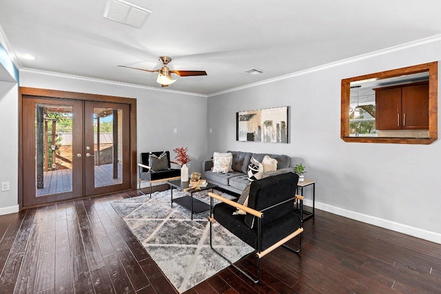 6013 Mountain Villa Dr, Austin, TX 78731 - living room with french doors, baseboards, ornamental molding, hardwood / wood-style floors, and a ceiling fan