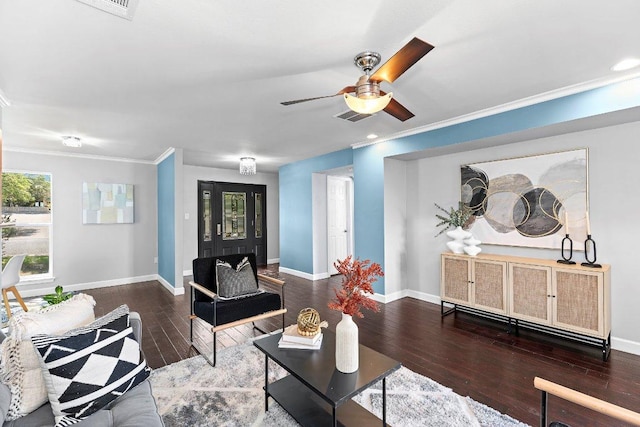6013 Mountain Villa Dr, Austin, TX 78731 - living room with a ceiling fan, ornamental molding, baseboards, and wood finished floors