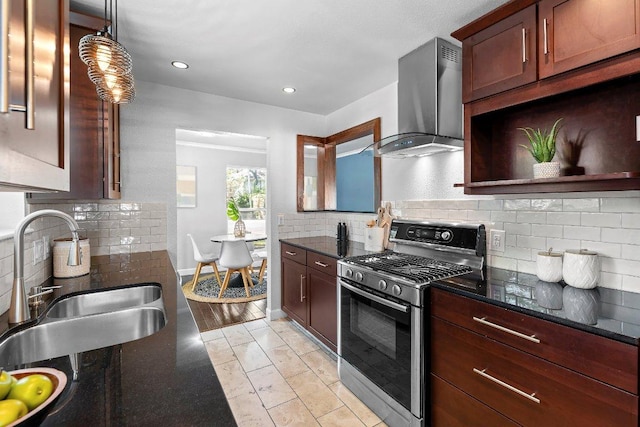 6013 Mountain Villa Dr, Austin, TX 78731 - kitchen with stainless steel gas range oven, wall chimney exhaust hood, a sink, backsplash, and recessed lighting