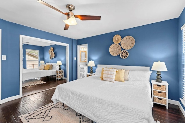 6013 Mountain Villa Dr, Austin, TX 78731 - bedroom featuring baseboards, hardwood / wood-style floors, a ceiling fan, and a closet