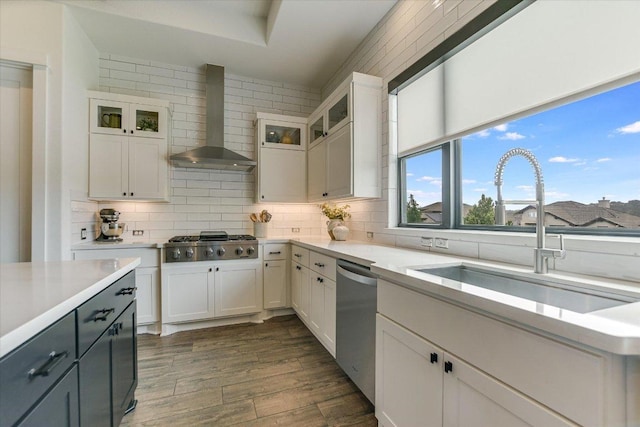 518 Doe Whisper Way, Austin, TX 78738 - kitchen with wall chimney range hood, a sink, appliances with stainless steel finishes, and light countertops
