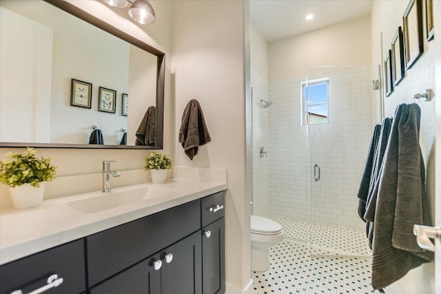 518 Doe Whisper Way, Austin, TX 78738 - bathroom with vanity, a stall shower, and recessed lighting