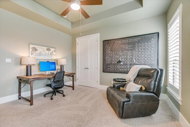 518 Doe Whisper Way, Austin, TX 78738 - office space with carpet flooring, ceiling fan, baseboards, and a tray ceiling