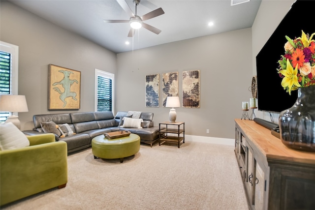 518 Doe Whisper Way, Austin, TX 78738 - living area with carpet floors, a ceiling fan, baseboards, and recessed lighting