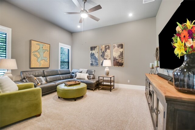 518 Doe Whisper Way, Austin, TX 78738 - carpeted living room featuring a ceiling fan and recessed lighting