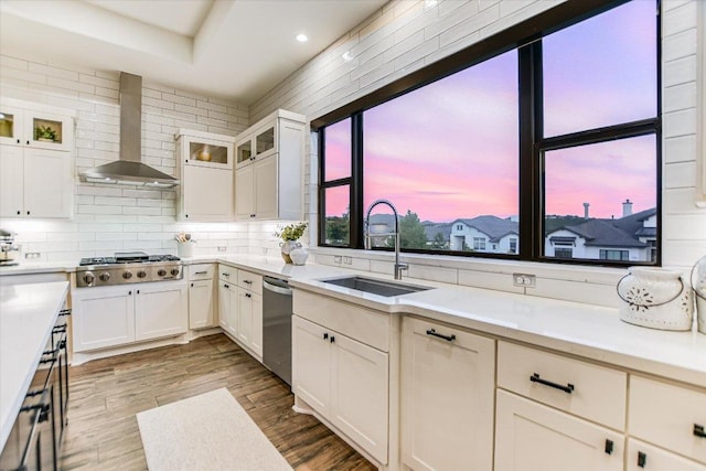 518 Doe Whisper Way, Austin, TX 78738 - kitchen featuring wall chimney exhaust hood, stainless steel appliances, light countertops, wood finished floors, and recessed lighting