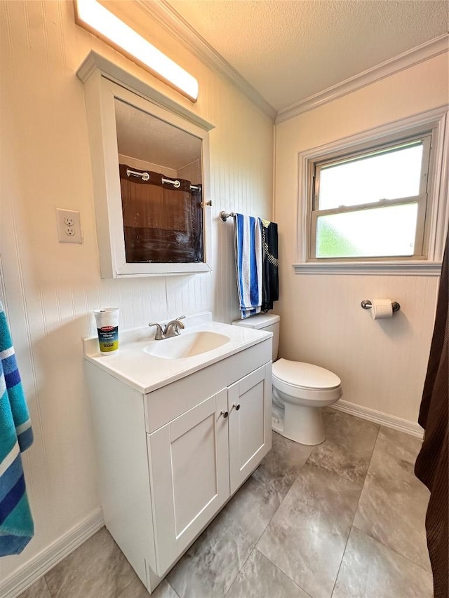 716 Barbara Dr, San Marcos, TX 78666 - full bathroom featuring vanity, a textured ceiling, crown molding, toilet, and a shower