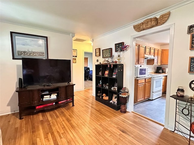 716 Barbara Dr, San Marcos, TX 78666 - living area featuring crown molding, visible vents, baseboards, and light wood-type flooring