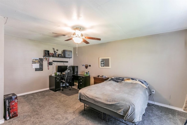 bedroom featuring carpet flooring, baseboards, and a ceiling fan