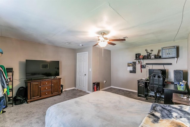 bedroom featuring ceiling fan, baseboards, and carpet floors