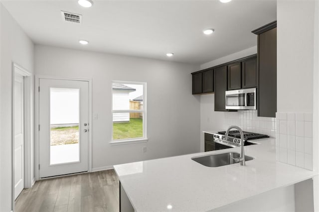 124 Rollingwood Dr, San Marcos, TX 78666 - kitchen with appliances with stainless steel finishes, light wood-type flooring, decorative backsplash, a sink, and a peninsula