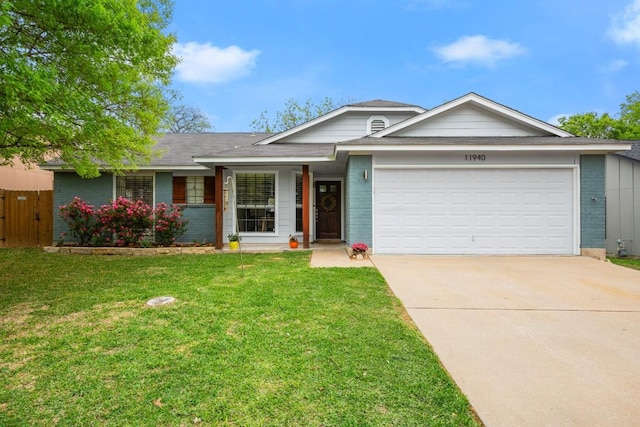 single story home with brick siding, a shingled roof, driveway, a front yard, and an attached garage