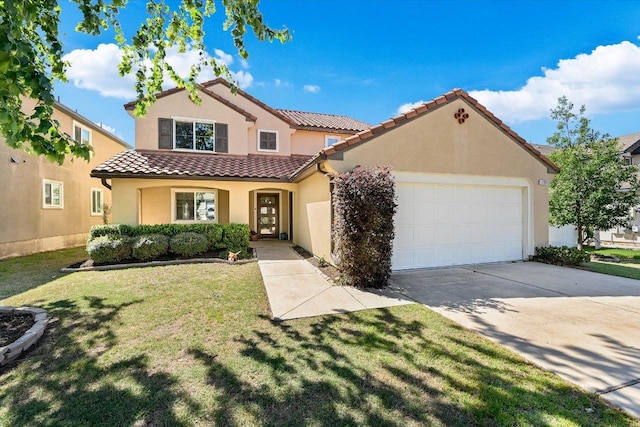 11208 Mickelson Dr, Austin, TX 78747 - mediterranean / spanish home featuring a tiled roof, a garage, stucco siding, a front yard, and driveway