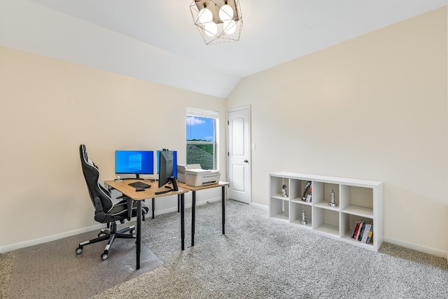 12325 Labrador Bay Ct, Austin, TX 78732 - office area featuring carpet flooring, baseboards, and lofted ceiling