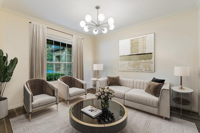 12325 Labrador Bay Ct, Austin, TX 78732 - living area featuring wood finished floors, ornamental molding, a chandelier, and baseboards