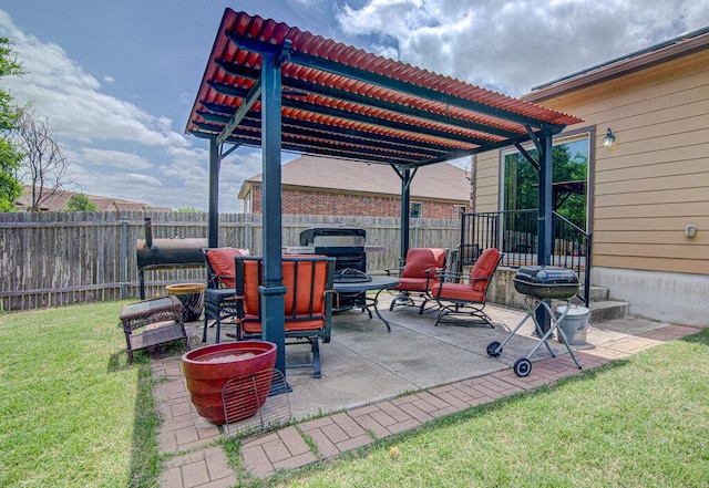 view of patio / terrace with a pergola and a fenced backyard
